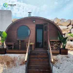 Customized Outdoor Barrel Sauna Suite Traditional Wood Burning Stove Village Wellness Retreat
