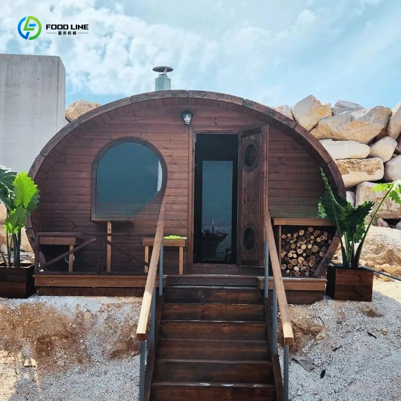 Customized Outdoor Barrel Sauna Suite Traditional Wood Burning Stove Village Wellness Retreat